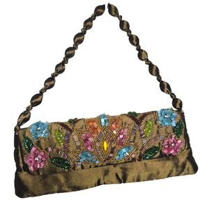 Vintage 90s Y2K Embroidered Beaded Olive Green Shoulder Bag